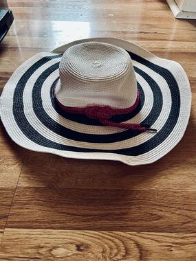 Betmar Wide Brim Navy & White Striped Red Rope Nautical Floppy Beach Hat